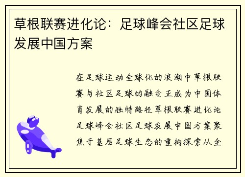 草根联赛进化论：足球峰会社区足球发展中国方案