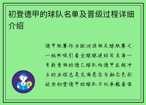 初登德甲的球队名单及晋级过程详细介绍